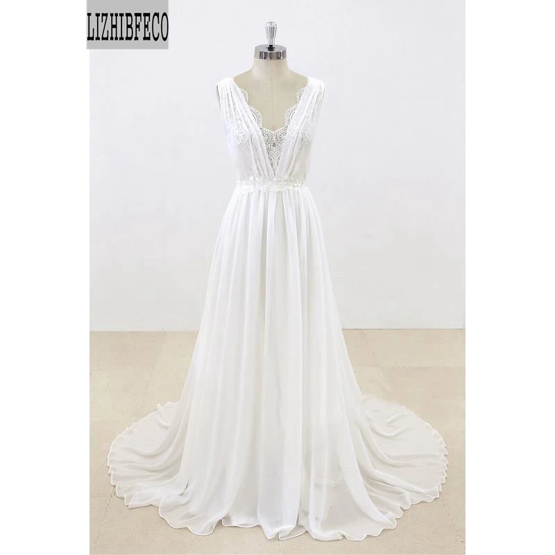 

White Chiffon Lace Sleeveless V-Neck Floor -length A-line Wedding dresses Chapel Train Custom made