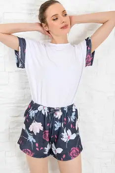

Trend Alacati Style Women Blue Print Shorts Pajamas Suit ALC-X4024