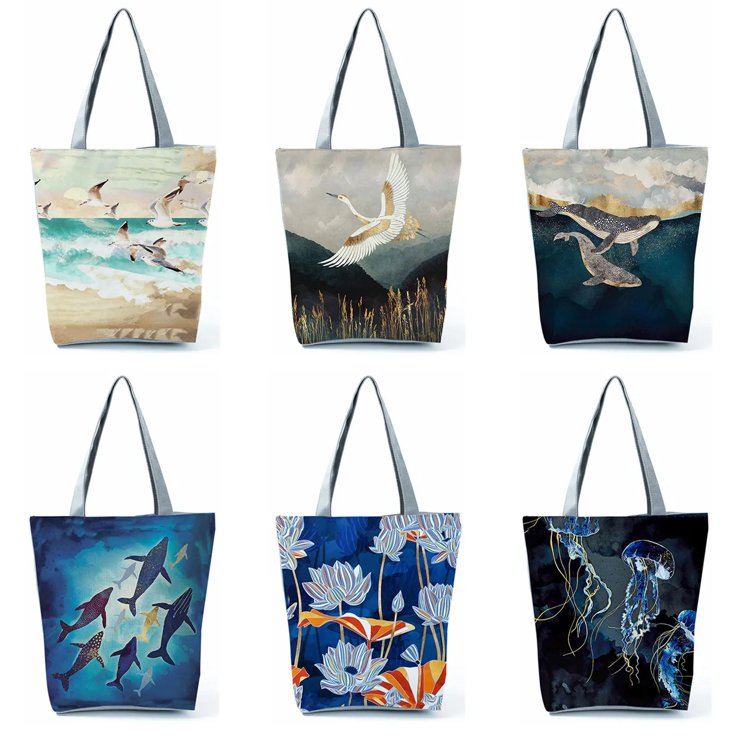 

Japanese Ukiyoe Design Causal Women Handbag Crane Designer Tote Bag Eco Reusable Shoulder Shopping Bags For Groceries Hand Bag
