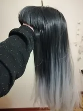 Peluca de pelo sintético para mujer, cabellera artificial de 26 pulgadas, largo, liso, negro, gris, con flequillo, Color gris, resistente al calor