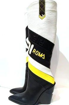 

real leather ladies boots world brand white yellow black color sexy heels fashion knee length 37 size