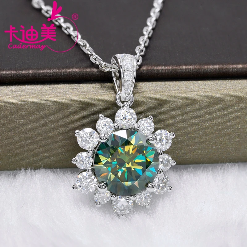 CADERMAY 사용자 정의 리얼 골드 14K 18K 10mm 옐로우 그린 해바라기 Moissanite 펜던트 목걸이 여성을위한 웨딩 파인 쥬얼리