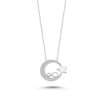 

Angemiel 925 Silver Zircon Stone Moon Star & Infinity Necklace-Rhodium Plated