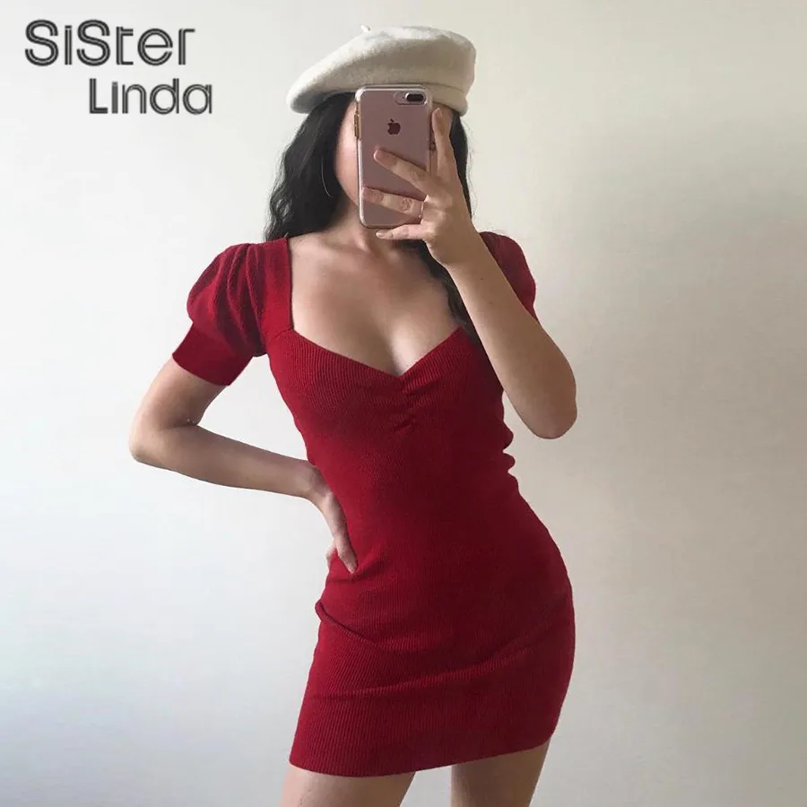 Sisterlinda Повседневное трикотажное платье в рубчик женское элегантное однотонное с