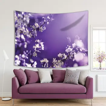 

Tapestry Blossoming Apricot Branches Fruit Tree Flowers Spring Floral Nature Photo Printed Blue White Purple