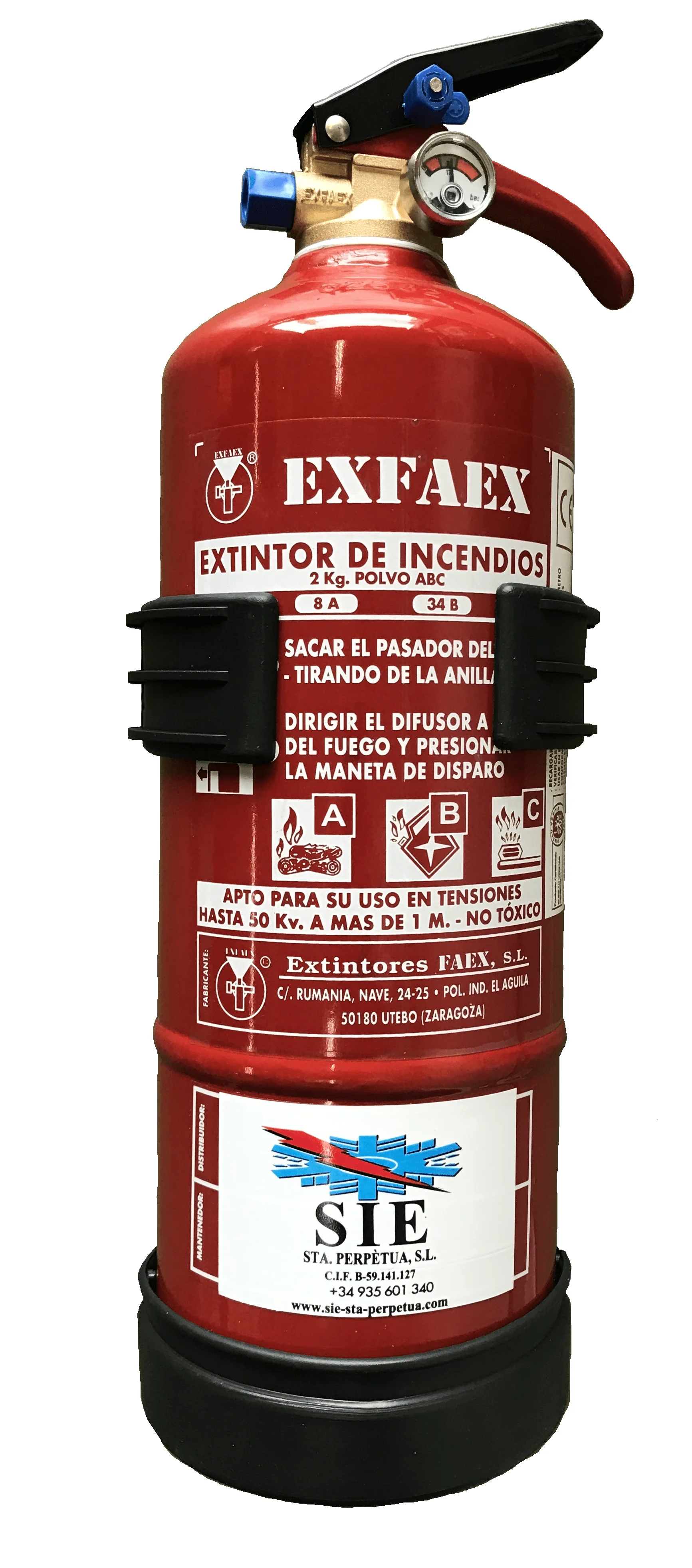 Extintor de polvo 2 Kg. Eficacia 8A-34B-C. Incluye soporte y base de plástico.