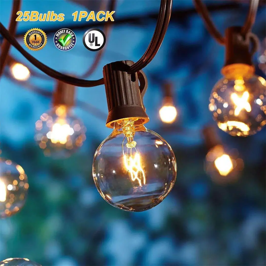 7.6m Outdoor String Lights G40 7W Globe Edison Glass Incandescent lamps 25FT Waterproof Fairy Patio Light Garden Holiday Wedding 2pcs outdoor solar lights landscape pathway lights lawn lamp crackle glass globe stake metal lamp waterproof for garden lawn patio courtyard warm white light