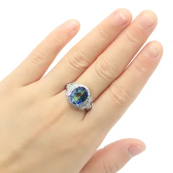 

21x15mm 2020 Hot Sell Created Fire Rainbow Mystic Topaz CZ Gift For Sister Engagement Silver Rings