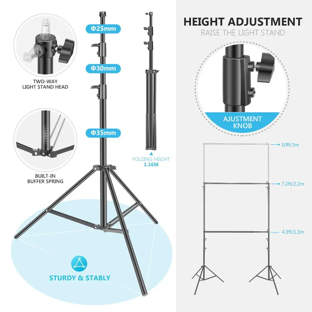 HeightxWidth 8 Spring Clamps Neewer Photo Video Studio Backdrop Stand 10x20Feet/3x6Meters 2 Crossbars Adjustable Background Support System Kit with 3 Stands 1 Carrying Bag 