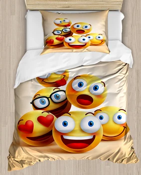 

Else Yellow Funny Little Emoji Smiles 4 Piece 3D Print Cotton Satin Single Duvet Cover Bedding Set Pillow Case Bed Sheet