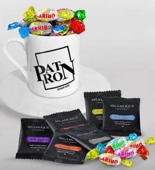 

Personalized Boss Turkish coffee Cup Selamlique Mixed Turkish Coffee House and Haribo Candy Gift Seti-13