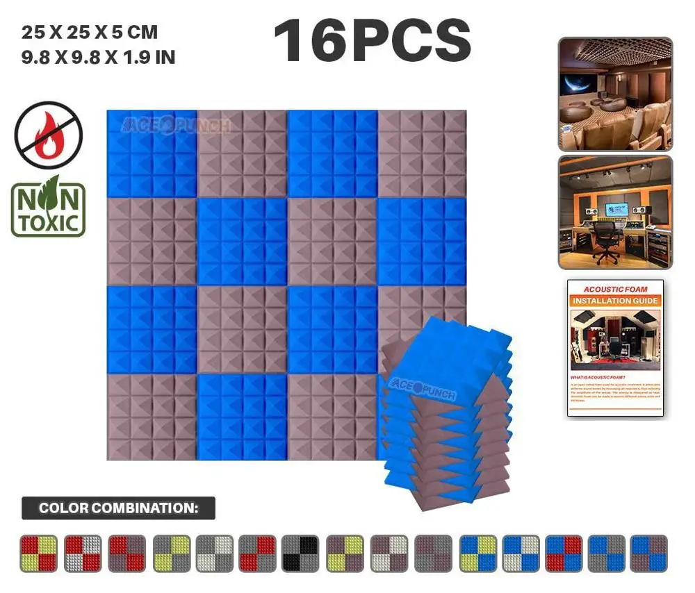 Arrowzoom 16 шт. набор цветов 9," x 9,8" x 1," Пирамида плитка студия Звукопоглощающая Панель акустическая пена AZ1034 - Цвет: Blue and Purple