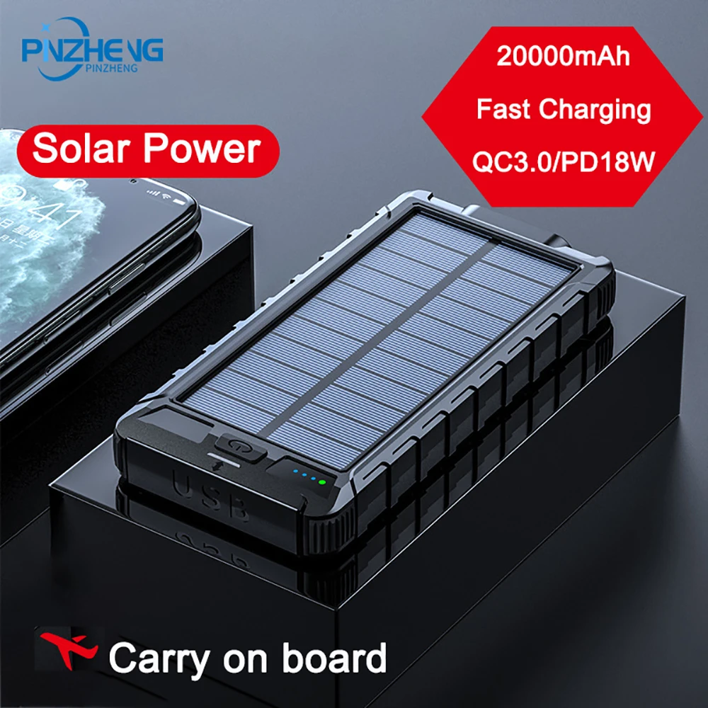 

PINZHENG Solar Power Bank 20000mAh Portable PD 3.0 Fast Charging External Battery Power Bank For iPhone Samsung Xiaomi Charger