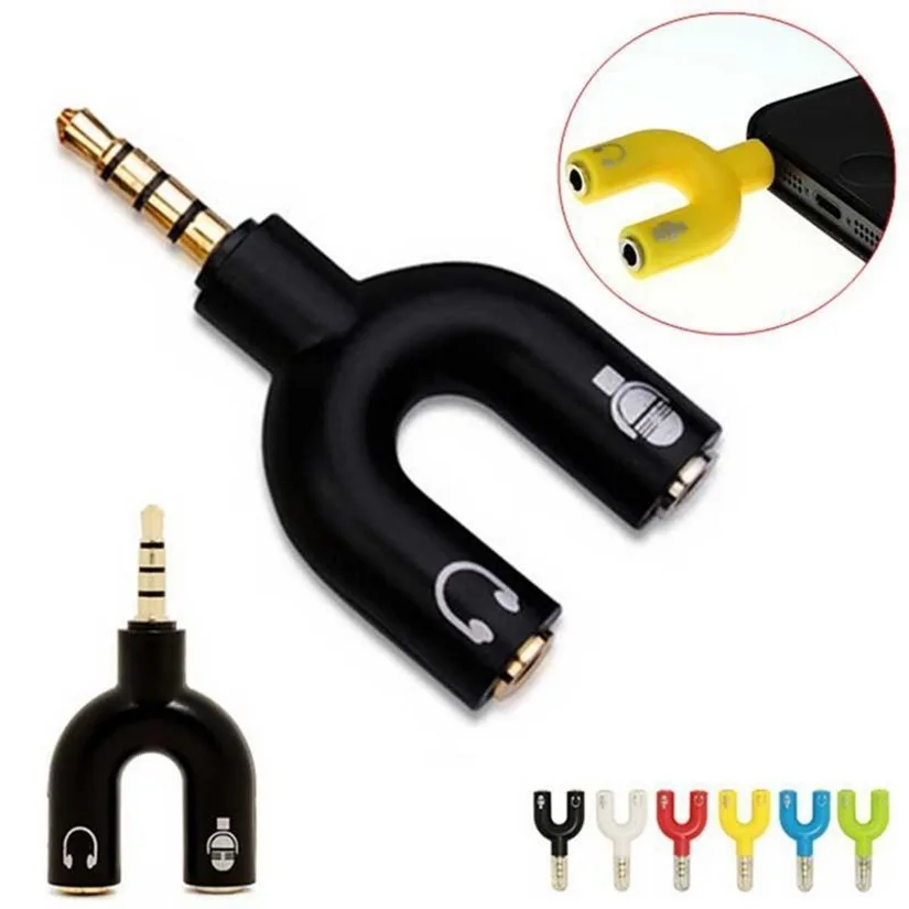 WHOLESALE 100 PCS 3 5mm U shape Earphone Double Jack Adapter Plug Stereo Headphone Splitter For PC MP3 Smartphone Audio Cables