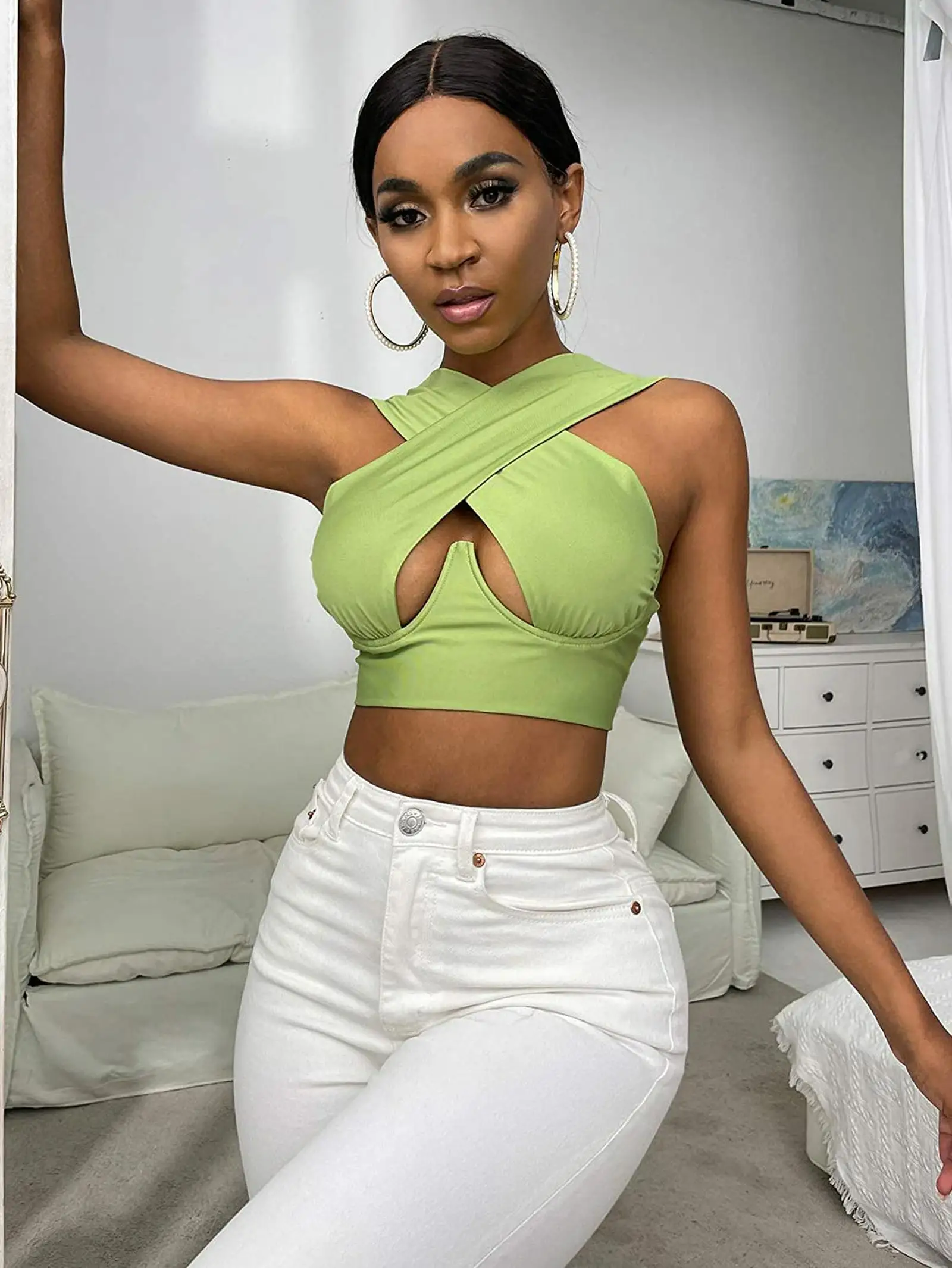 Women's Criss Cross Tank Tops Sexy Sleeveless Solid Color Cutout Front Crop Tops Party Club Streetwear Summer Lady Bustier Tops