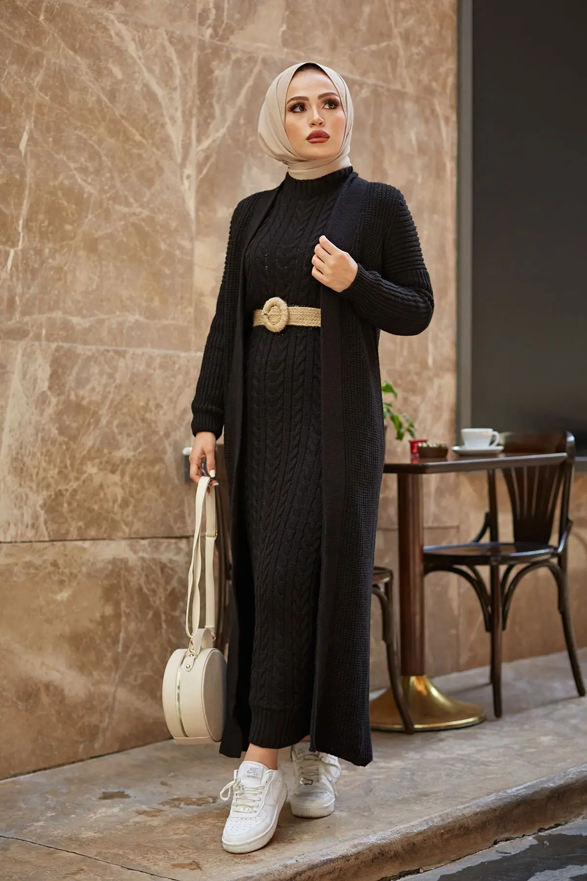 Muslim Women Clothes Trench Coat Cardigan Set 2pcs