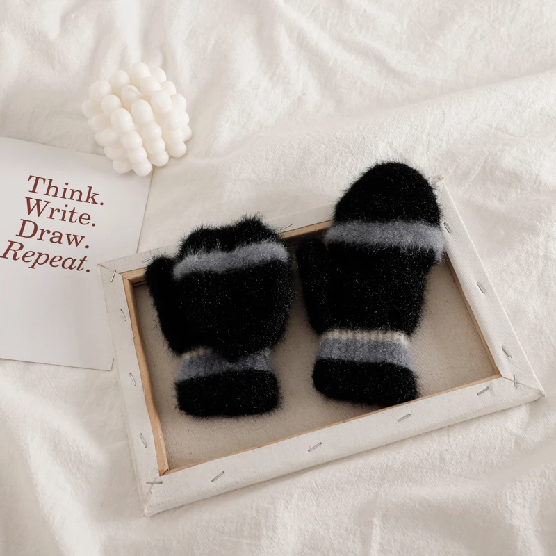 Зимние женские Студенческие теплые плюшевые перчатки с открытыми