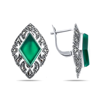 

Silver earrings with agate Green and Marcasite