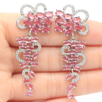 

55x21mm Gorgeous Long Big Pink Tourmaline White CZ Woman's Wedding Silver Earrings
