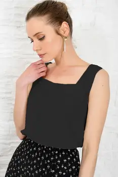 

Trend Alacati Style Women Black Square Collar Woven Bluz ALC-2052-DG