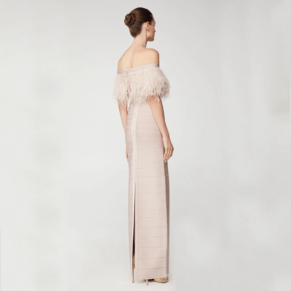 BANDAGE Newest Sleeveless Off Shoulder Feathers Maxi Women Bandage Party Dress Black Nude Autumn Long Split Bodycon Vestidos