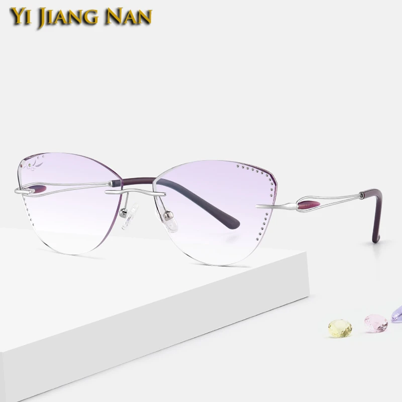 Silver-Tint Purple Титан кошачий глаз алмазная резка Выгравированные Цветочные Стразы без оправы оптические очки оправа для женщин очки по рецепту - Цвет оправы: Silver-Tint Purple