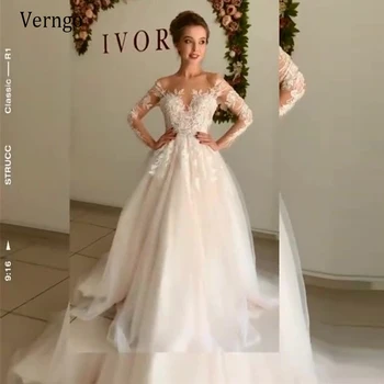 

Verngo Vintage Pale Pink A Line Wedding Dress For Bridal Lace Applique Long Sleeves Bride Gowns Elegant 2021 Vestido de noiva