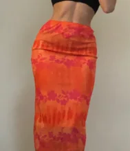 Faldas de estilo informal bohemio para mujer, faldas de cintura alta con estampado Floral, color Naranja, a media pierna, para playa, fiesta y vacaciones