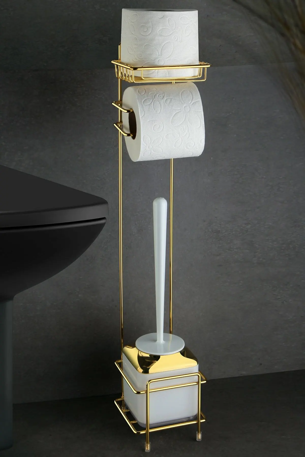 BWE Round Freestanding Toilet Paper Holder with Top Storage Shelf in Brushed Gold