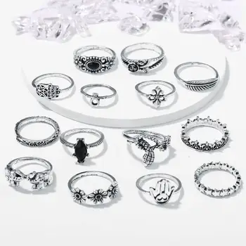 

JINWATER14Pcs/set Ring Bohemian Beach Retro Elephant Hollow Lotus Wave Gems Geometry CrystalSet Women Charm Jewelry Accessories