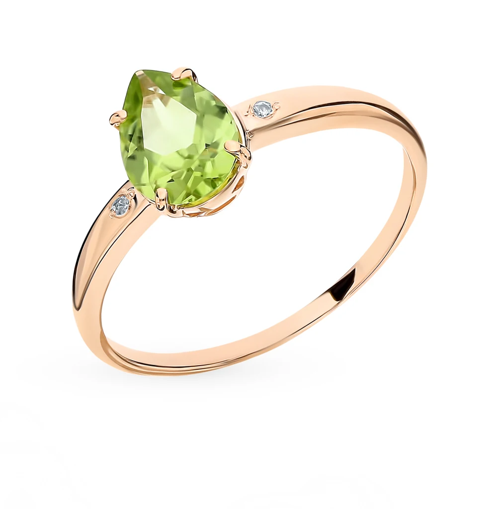 Gold ring with Peridot and cubic zirconia SUNLIGHT test 585