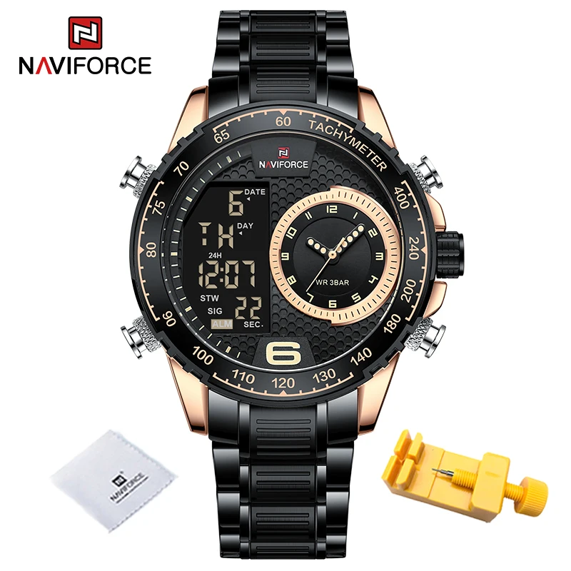 NAVIFORCE Fashion Watches for Men LED Digital Waterproof Steel Strap Wrist Watch Luminous Dial Sport Clock Men Relogio Masculino 