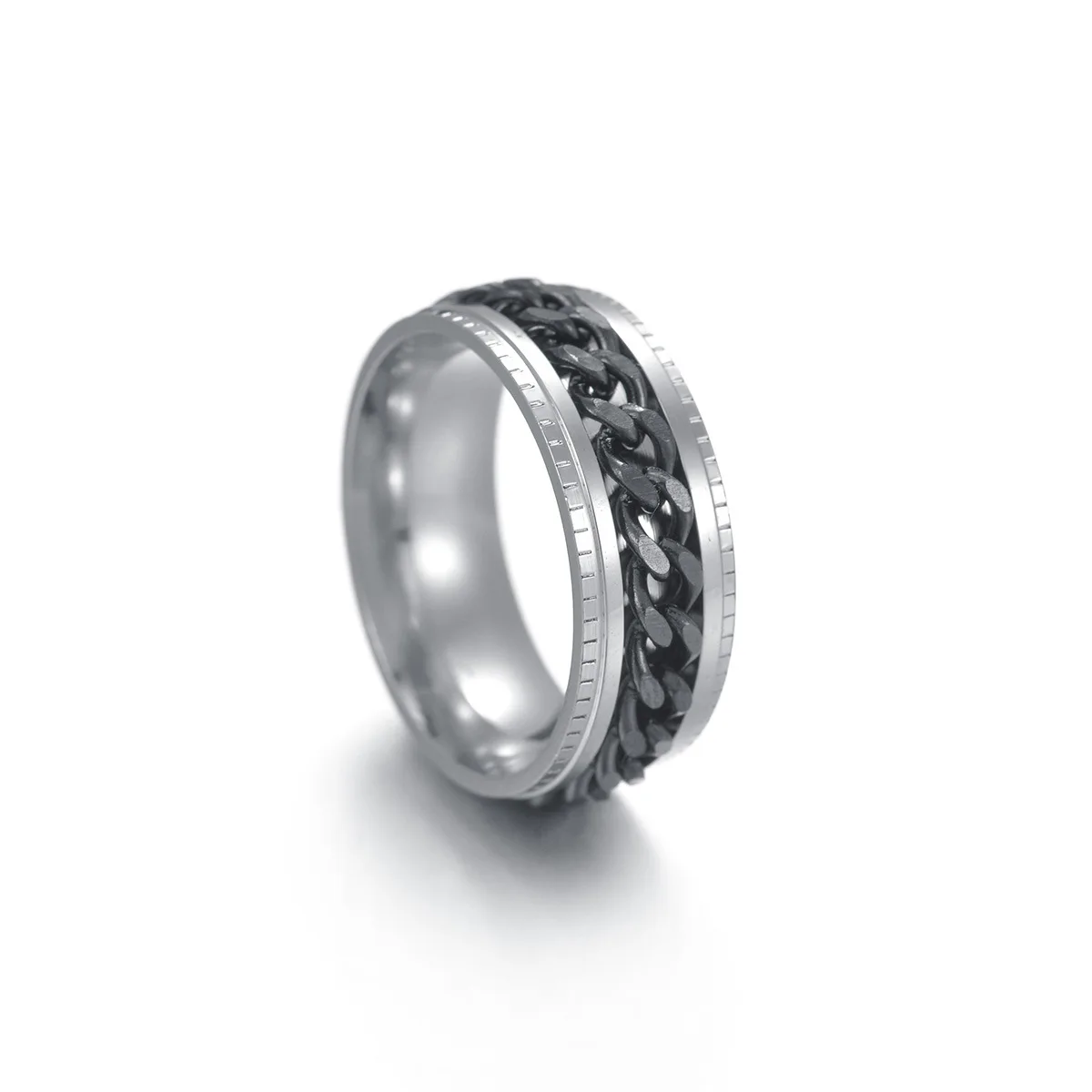 Men's Black Stainless Steel Roman Numeral Chain Spinner Ring