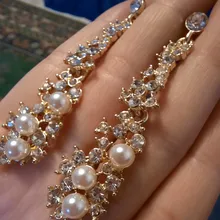 Grace Jun alta calidad de diamantes de imitación Clip de perla simulada en pendientes sin Piercing para las mujeres Weddng de lujo Clip de oreja