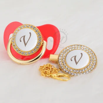 

MIYOCAR name Initial letter V unique silver bling pacifier and pacifier clip BPA free dummy bling silicone nipple SGS pass LV