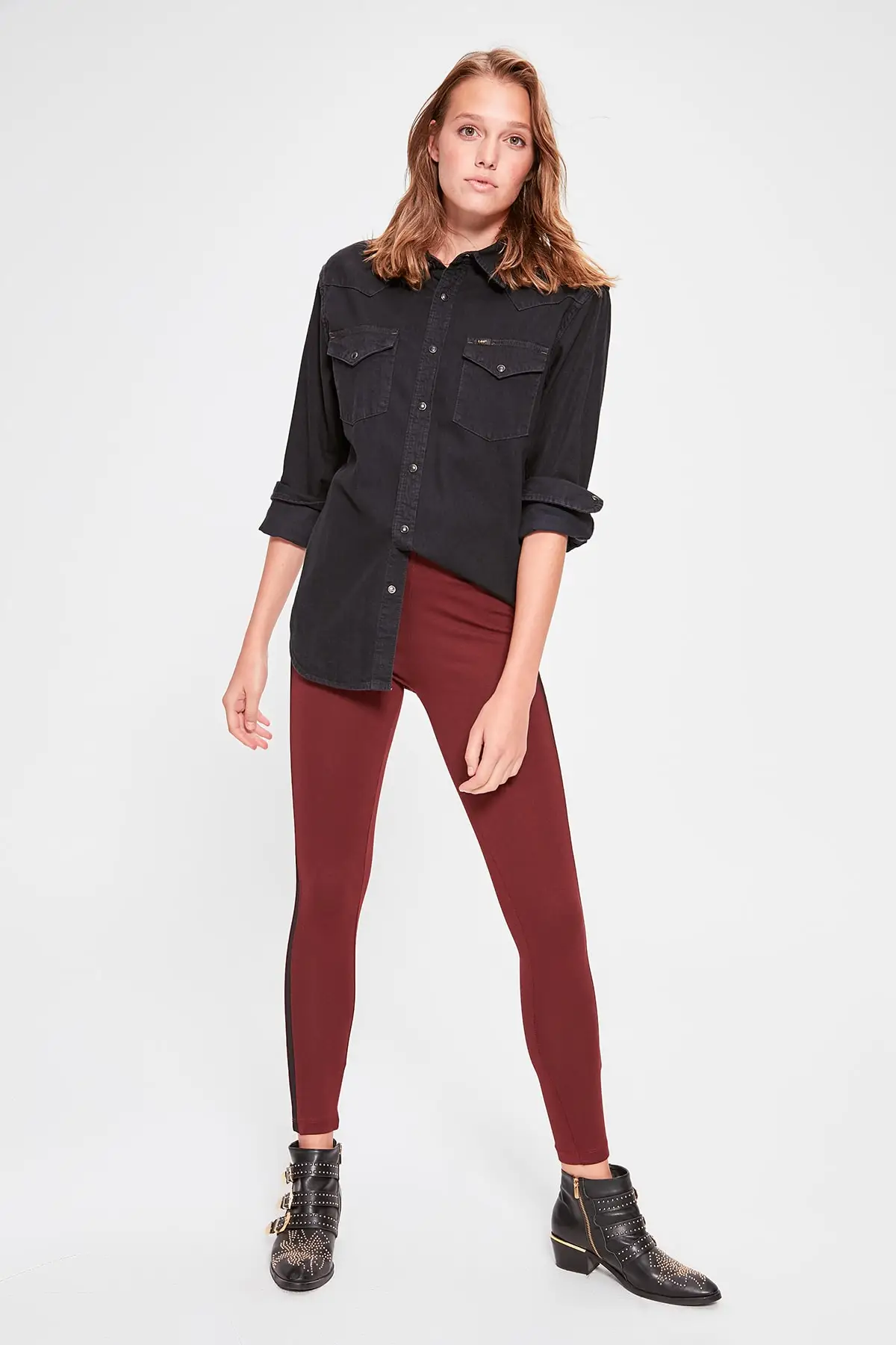 Trendyol Бордовые Полосатые трикотажные леггинсы TWOAW20TA0046