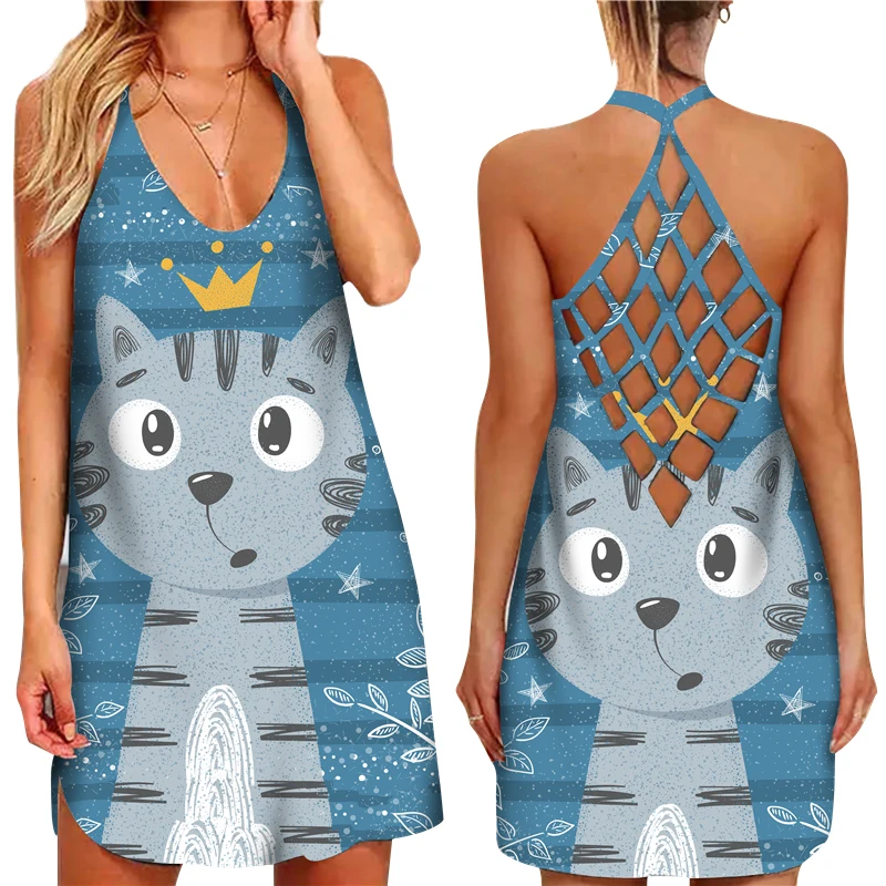 Aberta para trás Suspender Oco sem Mangas Verão Digital Gato Impresso Vestido Feminino Sexy Criss-cruz Meninas Casual Solto 3d 24 Computers & Electronics