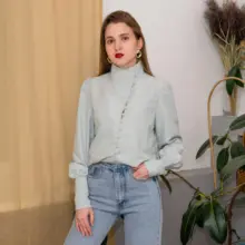 Turtleneck Blouse Puff-Sleeve White Shirt Ladies Top OOTN Office Elegant Casual Solid