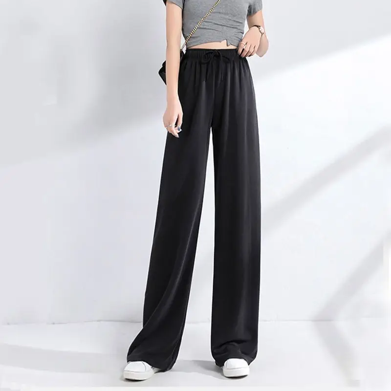 Spring and Autumn New Ladies Ice Silk Light Wide Leg Trousers Girl Solid Color High Waist Loose Wild Straight Casual Pants