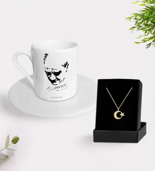 

Personalized Ataturk Themed Turkish coffee Cup And Moon Star Necklace Gift Seti-25