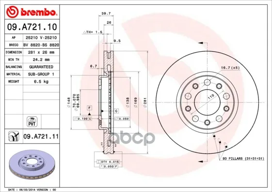 Диск Тормозной Передн Alfa Romeo Giulietta( 4.10-) F Brembo арт. 09.A721.10