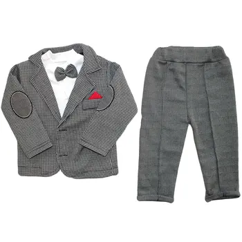 

Baby Boy Suits Costume 3 Pcs Combed Cotton Suit with Plaid Jacket and Bow Tie Formal Wear Cotton Children Clothing set Outfits