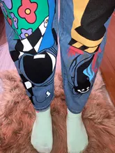 Pantalones vaqueros con estampado de dibujos animados para mujer, pantalón harén para niña, pantalón vaquero de cintura alta para mujer de talla grande