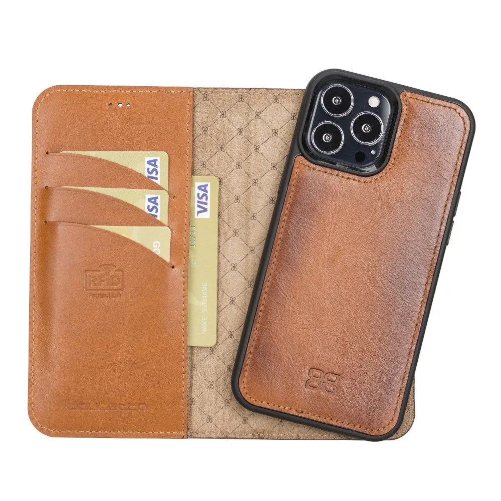 

BOULETTA Genuine Leather Handmade Magnetic Detachable Phone Case for iPhone 13 Pro Max 6.7" Rfid Wireless Charging Compatible