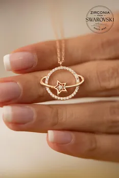 

Circle and star shape Swarovski stones woman necklace Rose 925 Silver