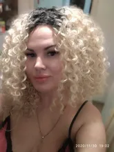 LINGHANG-peluca rizada Afro para mujeres negras, 16 pulgadas, corto sintético, con flequillo, Marrón mezclado y Rubio