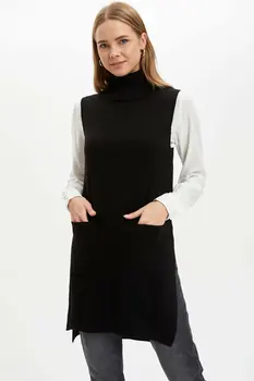 

DeFacto Woman Knitted Sleeveless Black Tank Tops Women Autumn Turtleneck Long Tank Tops Female Tops Tunic-F7988AZ18AU
