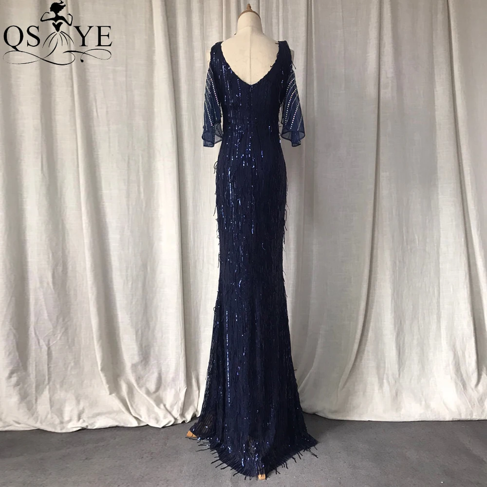 Navy Feather Evening Dress Sequin Mermaid Party Gown Flatter Side Sleeves Stretch Formal Dress V Neck Dark Blue Prom Gown 2022 hot pink prom dress