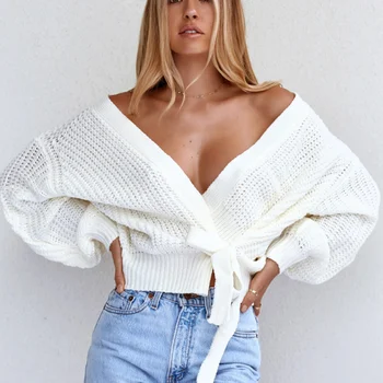 

Autumn Winter Women Knitted Sweater Sexy V-Neck Solid Color Loose Pullover Fashion All-Match Long Sleeve Bow Knitted Sweater