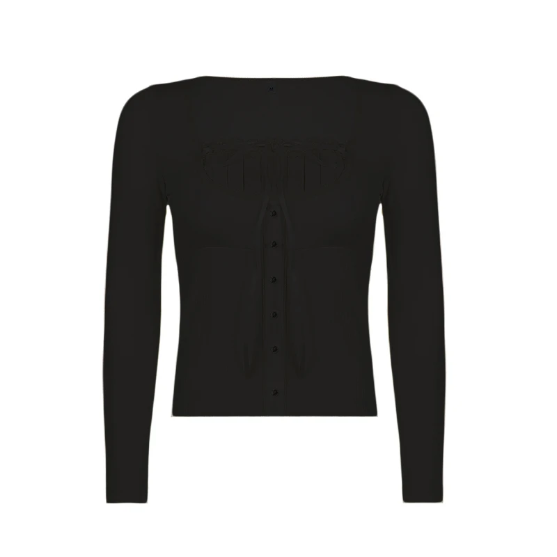 Korean Cute Y2K Retro Cotton Tops Lace Patchwork Buttons Kawaii Tshirts Autumn Square Collar Chic Casual Shirts